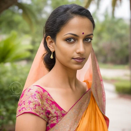 desimocha, headshot photo, close up, woman, beautiful face, glamor photo, full body, outdoors, saree, natural lighting, studio quality, natural skin color <lora:DesiCoffeeSDXL-000002:1>