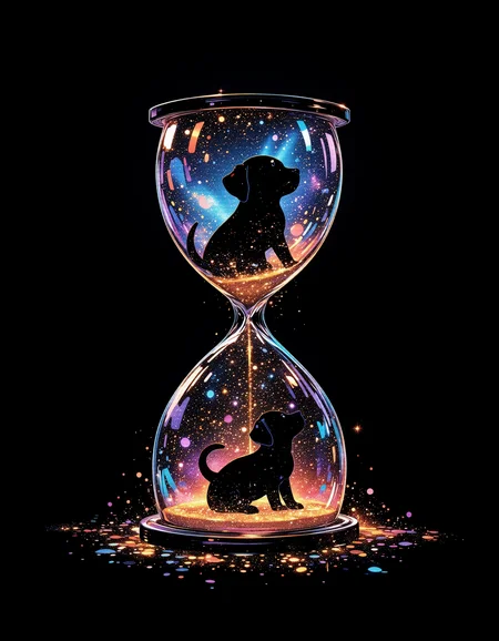 aidmamj6.1, vibrant reflective holographic drawing in the style of ckhg art of Silhouette of a puppy surrounded by sparkling light particles
Puppy in hourglass, particles cascading down from puppy
black background
 <lora:aidmaMJ6.1_v0.5_3:0.4>  <lora:ck-holographic-glitter-000015:0.5>
