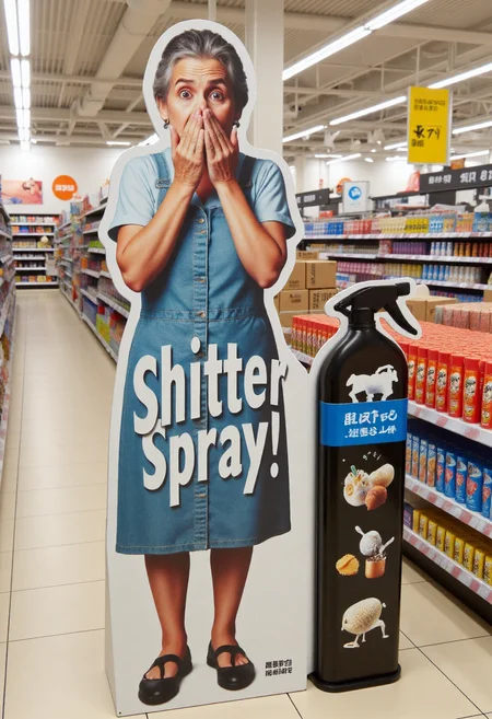 <lora:Cardboard_Cutout_Creator_FLUX-000021:0.9>
The image is a high-resolution photograph taken inside of a grocery store, showcasing a large, detailed, 3D cardboard cutout of a disgusted looking middle aged woman covering her nose with her hands next to text "Shitter Spray!".