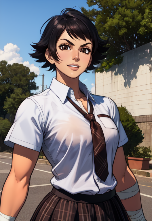 Makoto,black hair, short hair, brown eyes,
standing, upper body, 
white shirt, necktie,  skirt, bandages,  
school yard,  outdoors,  
light smile, 
(insanely detailed, beautiful detailed face,beautiful detailed eyes, masterpiece, best quality)
 <lora:makotoSF4-10:0.8>
