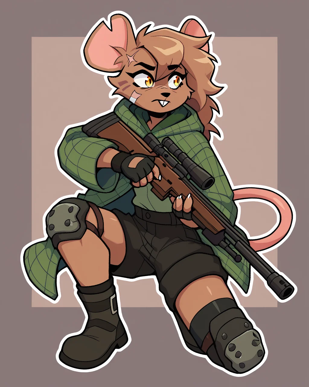 score_9_up, score_8_up, score_7_up, score_6_up, by remanedur, female, mouse, yellow eyes, facial scar, bandaid on face, notched ear, face paint, brown hair, tail, brown fur, boots, black shorts, green jacket, buckteeth, single knee pad, single thighhigh, fingerless gloves, cargo shorts, holding gun, ranged weapon, rifle, green hoodie, solo, open jacket, three-quarter view, simple background, white outline, <lora:Leah_Pines(AIM)_XL_v1:0.15> <lora:PDXL_artist_tags_v2_big:0.5> <lora:The-Minuscule-Task_PDXL_v1.0:0.6> <lora:Leah_Pines_v2_WirelessShiba:0.7>