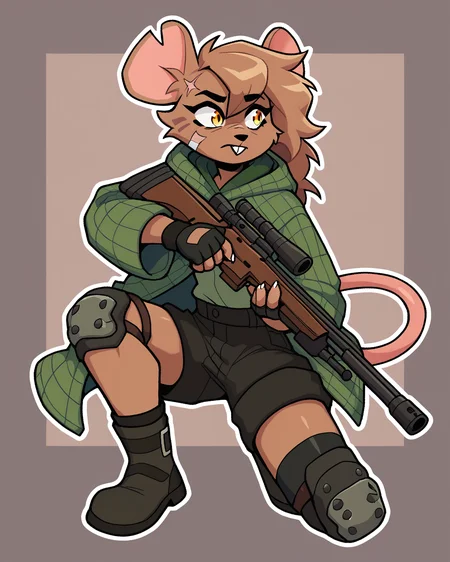 score_9_up, score_8_up, score_7_up, score_6_up, by remanedur, female, mouse, yellow eyes, facial scar, bandaid on face, notched ear, face paint, brown hair, tail, brown fur, boots, black shorts, green jacket, buckteeth, single knee pad, single thighhigh, fingerless gloves, cargo shorts, holding gun, ranged weapon, rifle, green hoodie, solo, open jacket, three-quarter view, simple background, white outline, <lora:Leah_Pines(AIM)_XL_v1:0.15> <lora:PDXL_artist_tags_v2_big:0.5> <lora:The-Minuscule-Task_PDXL_v1.0:0.6> <lora:Leah_Pines_v2_WirelessShiba:0.7>