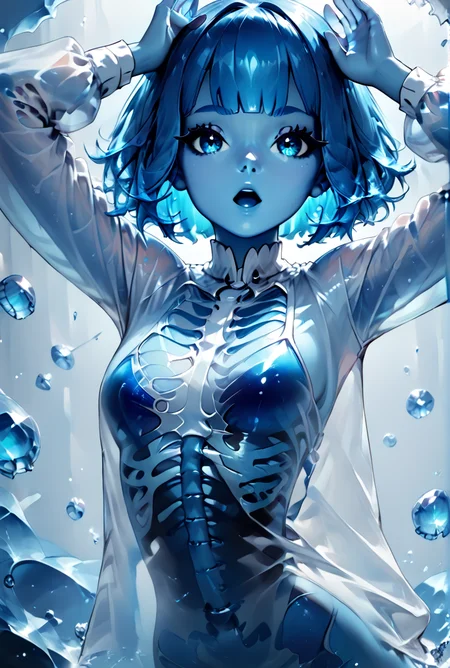 , <lora:TranslucentVisibility_v2_pony:0.8>,
score_9, score_8_up, score_7_up,score_6_up, score_5_up, score_4_up, BREAK,
TranslucentVisibility,score_9,1girl,solo,breasts,looking at viewer,short hair,open mouth,bangs,blue eyes,shirt,long sleeves,blue hair,blunt bangs,:o,arms up,see-through,colored skin,monster girl,blue theme,skeleton