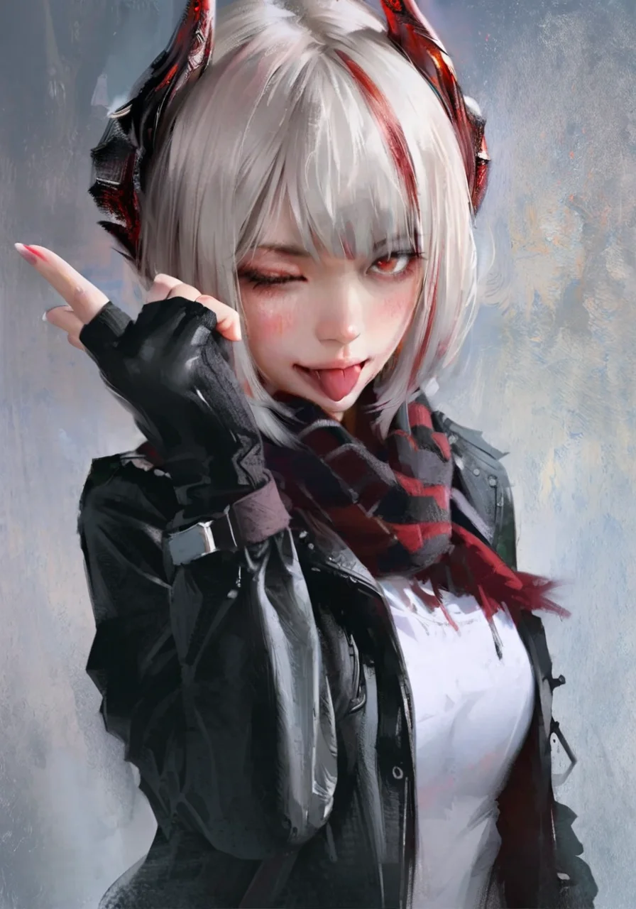 masterpiece, best quality,<lora:style60-a31:1>,traditional media,realistic,,
1girl, solo, gloves, red eyes, w (arknights), horns, fingerless gloves, tongue, black gloves, tongue out, one eye closed, white background, black jacket, simple background, jacket, scarf, looking at viewer, black scarf, shirt, upper body, white hair, multicolored hair, bangs, short hair, red hair, open jacket, open clothes, demon horns, hand up, grey hair, ;p, streaked hair, red nails, smile