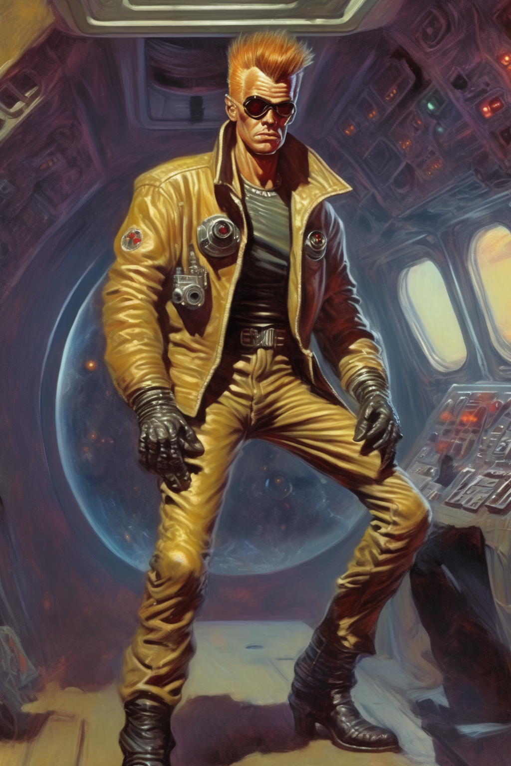 <lora:Richard Hescox Style:1>Richard Hescox Style - pulp Science fiction simple full body detailed character concept digital art of Male punk in a war within a Space ship art