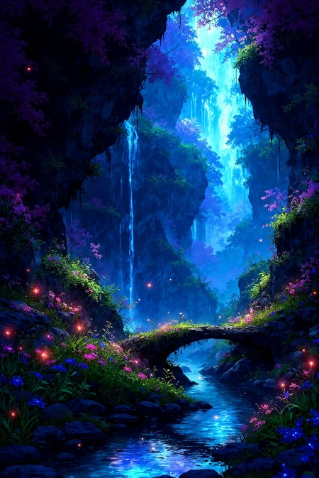 <lora:Vibrantly_sharp_style_v.2:0.9> Vibrantlysharp style.  A mystical cavern pulses with bioluminescent splendor, where cascading waterfalls of radiant turquoise light carve their way through ancient rock formations. Lush, glowing fungi sprout from the jagged walls, their neon hues of magenta, violet, and electric blue casting an otherworldly luminescence. Delicate, glowing vines dangle from the cavernâs ceiling, swaying gently, as if alive with unseen energy. Tiny specks of floating light drift lazily in the air, resembling fireflies enchanted with celestial magic. A crystal-clear stream meanders through the cavern floor, its surface glistening with prismatic reflections, carrying delicate petals from luminescent flowers that bloom along its banks. A moss-covered stone bridge arches over the water, its ancient form entwined with vines and dotted with glowing flora. The cavern exudes an aura of deep mystery and wonder, blending elements of high-fantasy environments with ethereal color palettes, capturing a hidden world untouched by time.