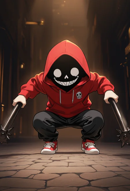 high contrast, masterpiece, best quality, amazing quality, very aesthetic, promotional art, newest, volumetric lighting, hyper detailed.
chibi, 1boy, child, solo, wide shot, malicious smile, squat, red hoodies, holding banger, Jolly Roger, loose pants, black pants, red sneakers, black pant, paris street.