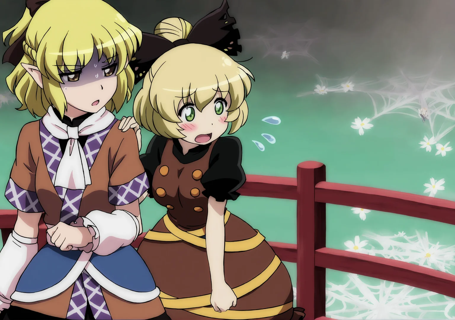 masterpiece,best quality,<lora:tgm-noob05:1>,anime coloring,
kurodani yamame,mizuhashi parsee,multiple girls,2girls,blonde hair,green eyes,pointy ears,bridge,open mouth,scarf,blush,bow,short hair,dress,hair bow,arm warmers,brown eyes,silk,railing,flying sweatdrops,spider web,hand on another's shoulder,ribbon,sweat,ponytail,shirt,skirt,brown dress,short sleeves,sweatdrop,hair ribbon,shaded face,flower,yellow eyes,single hair bun,nervous,sash,d:,half updo,long sleeves,breasts,