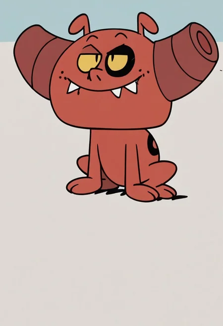 (score_9 | score_8_up | score_7_up) ((masterpiece:1))(best quality,very high quality,ultra detailed:1.2) (2D,cartoon style,anime style)(Smooth:2)(clean blurring) (four fingers on each hand,one thumb on each hand:1), charles, dog, all fours, black spot on left eye, impish, demon, red skin, small pointed nose, pointed tail, yellow eyes, slit pupils, two small horns, two large curved horns on sides of her head, pair of deformed fangs, smug, full body