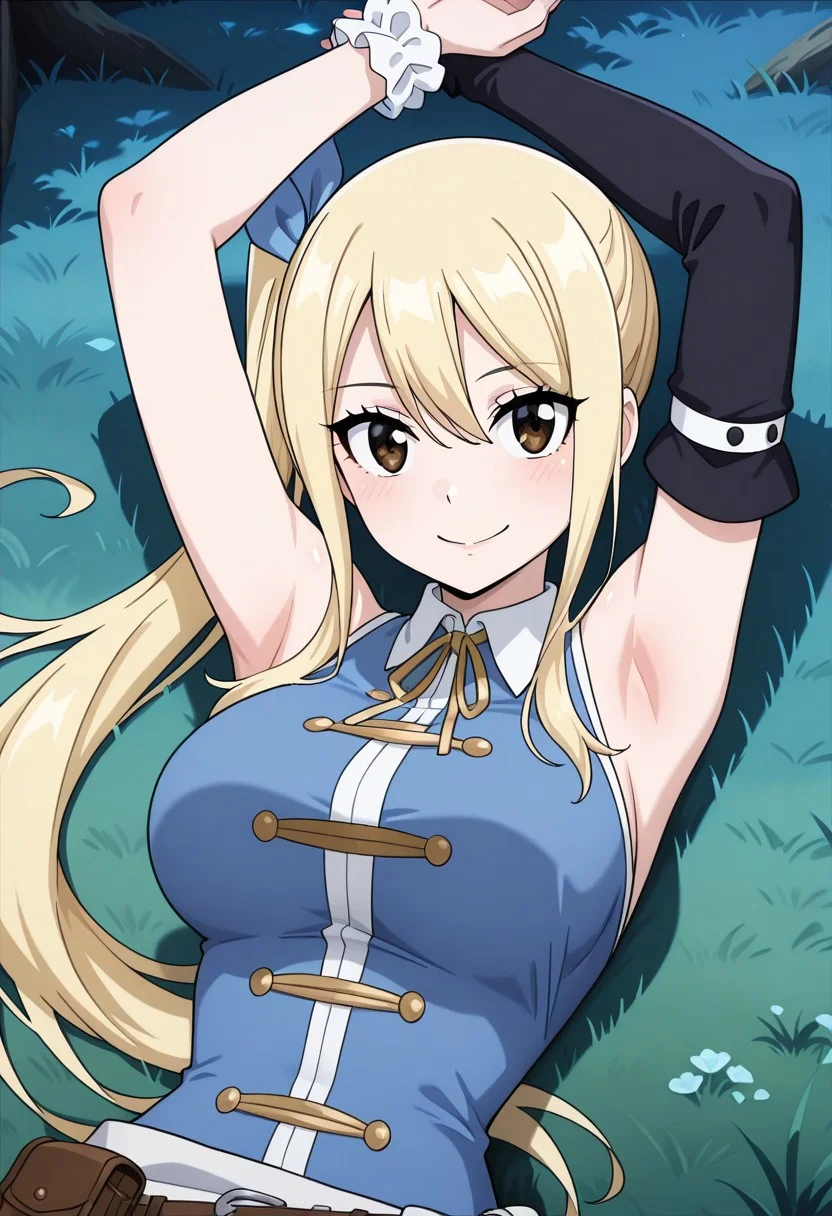 masterpiece, best quality, newest, anime screencap, 1girl, <lora:LucyHeartfiliaAvatartwo_Illu_Dwnsty:1>, lcyhrtavtrctwo, brown eyes, blonde hair, side ponytail, sidelocks, long hair, blue ribbon, hair ribbon, blue shirt, sleeveless shirt, collared shirt, yellow neck ribbon, scrunchie, single detached sleeve, black sleeve, white skirt, brown belt, belt pouch, white sash, perfect eyes, breast, shiny skin, expressive, smile, looking at viewer, lying on grass, armpit, arms up, forest, night, perfect anatomy