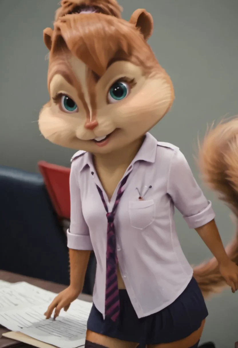 Score_9, score_8_up, score_7_up, source_furry, hentai, porn, brittany miller,  trans, boy chipmunk,  furry female, sissyboy, lgbt, furrya chipmunk was made into a chipmunk, , 3d,  Sexy secretary , in the office , standing tall , holding documents , flirting , femininity, miniskirt stockings , white blouse , small round breasts  , Playful look , lively look , looks at the viewer, winks <lora:Brittany_Miller__Alvin_and_the_Chipmunks__CG_Movie_version:0.8>