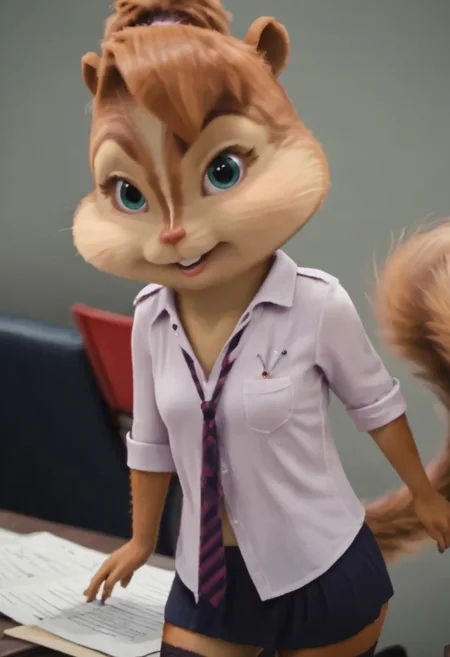 Score_9, score_8_up, score_7_up, source_furry, hentai, porn, brittany miller, trans, boy chipmunk, furry female, sissyboy, lgbt, furrya chipmunk was made into a chipmunk, , 3d, Sexy secretary , in the office , standing tall , holding documents , flirting , femininity, miniskirt stockings , white blouse , small round breasts , Playful look , lively look , looks at the viewer, winks <lora:Brittany_Miller__Alvin_and_the_Chipmunks__CG_Movie_version:0.8>