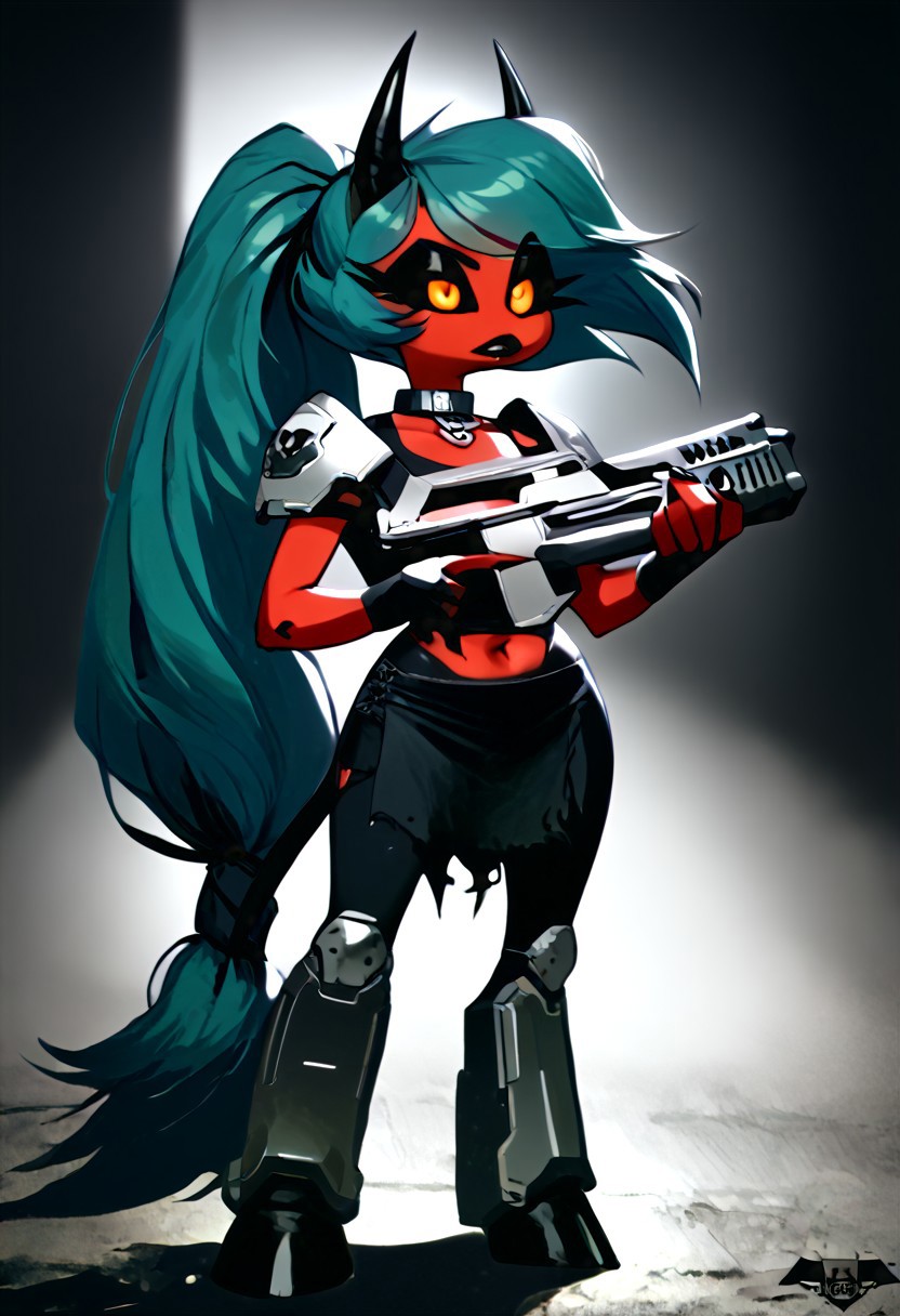 (score_9, score_8_up, score_7_up), PRSNL_3_1, HCSV1, illustration, ((cartoon)), hand drawn, ((masterpiece)), (furry art, uploaded on e621, 4k, fine details, (subtle soft details), (female), ((imp)), gloves, demon girl, (red skin mottled with white spots), imp tail, black pupils, black sclera, ((black ram horns)), short stature, 1girl, (((very long light teal hair tied into a ponytail:1.4))), dark teal highlights, ((purple slave collar)), black puffy lips, black eyeliner, ((detailed orange eyes)), ((dynamic pose)), plump, cute, beautiful, ((black sclera:1.4)), orange iris, Detailed hand, medium breasts, cleavage, curvy, pink fingerless gloves, large iris, hooves, fur on ankles around hooves, medium bulge, solo, (((holding a rifle with both hands, m41apls))), Helldivers, in a futuristic, armored suit. The armor is predominantly dark gray with pink accents at the shoulder plates, knee pads, and boot heels, It's a sleek design with segmented plates suggesting both flexibility and protection, (cyberpunk city outskirts, cable, standing, scales, road, outcasts, black background, walking, car, horizon, decay, dystopian, cinematic lighting, vivid colors, futuristic chestplate, loincloth, covered navel,