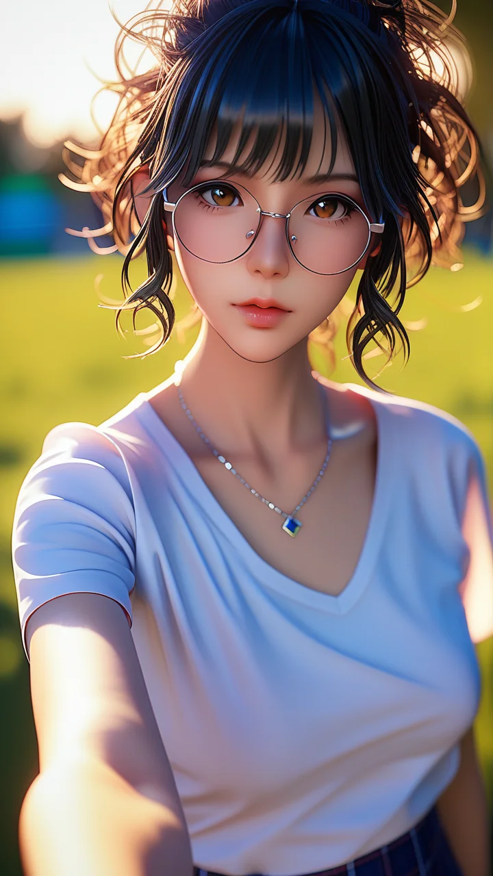 score_9, score_8_up, score_7_up, i want the whole image to be created in 3D anime style, 1girl, solo, looking at viewer, short hair, bangs, shirt, black hair, brown eyes, jewelry, closed mouth, collarbone, white shirt, upper body, short sleeves, outdoors, glasses, day, necklace, blurry, lips, depth of field, blurry background, messy hair, round eyewear