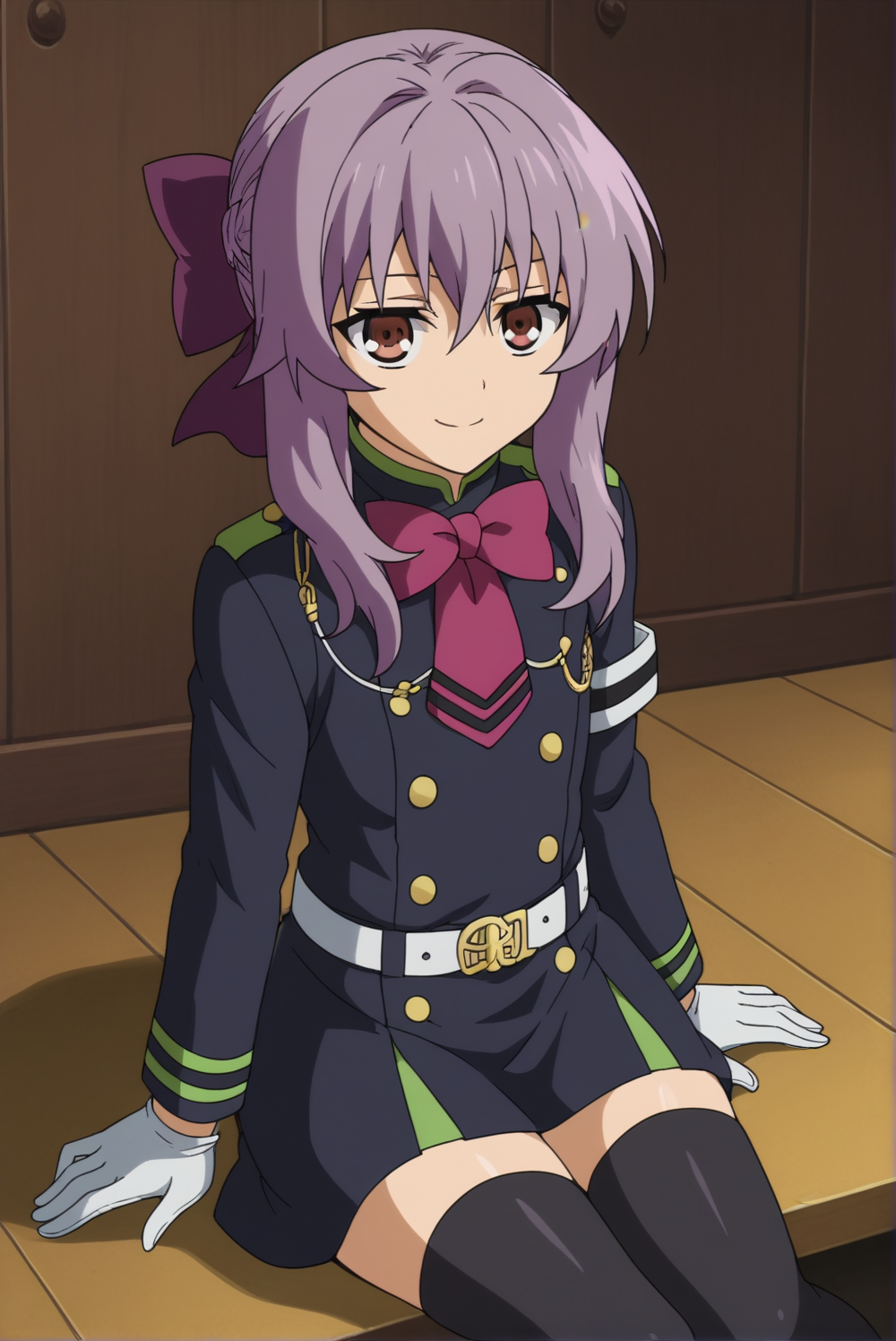 <lora:Shinoa_Hiiragi:0.8>, Shinoa Hiiragi, 1girl, solo, smile, skirt, gloves, thighhighs, bow, sitting, belt, black thighhighs, white gloves, uniform, military, military uniform, purple bow,