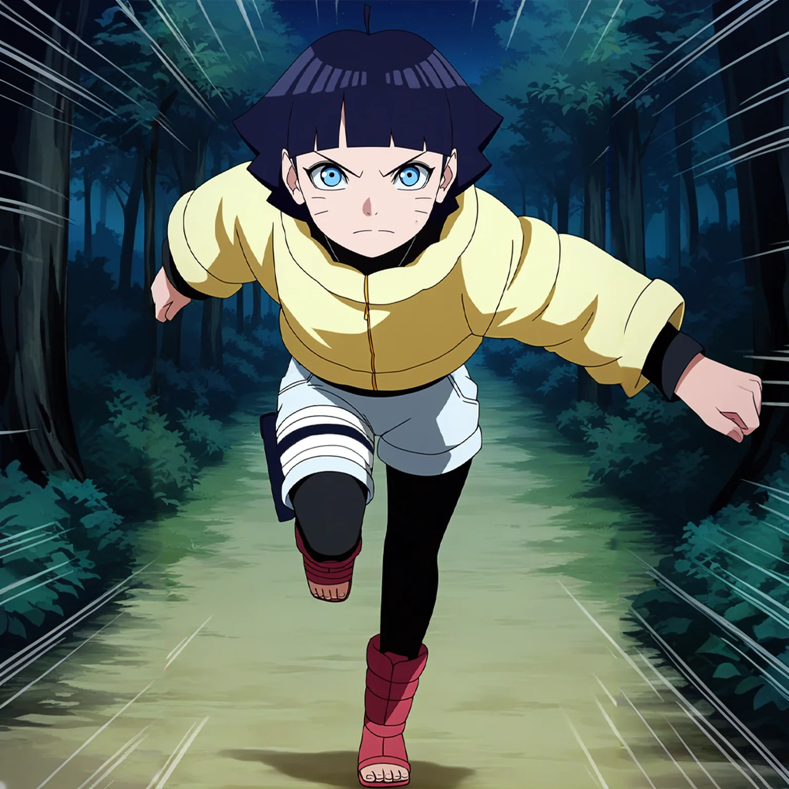 sharp focus, pixiv masterpiece, score_9, score_8_up, source_anime, score_7_up, best quality, highres, absurdres, BREAK
<lora:Himawari_Uzumaki_IL_v36:1>, uzumaki_himawari_shinobi_il, 1girl, solo, blue_eyes, dark-blue_hair, short_hair, yellow_jacket, grey_shorts, right_leg_bandage, blue_right_thigh_holster, black_leggings, ahoge, long_open-toe_boots, running, motion_lines, closed_mouth