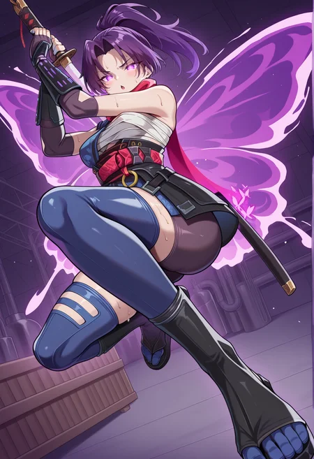 1girl, high ponytail, purple hair, purple eyes, glowing eyes, ninja, sleeveless, scarf, asymmetrical clothes, japanese clothes, chest sarashi, obi, o-ring, gauntlets, fingerless gloves, thighhighs, toeless footwear, tabi, indoors, factory, sweat, butterfly wings, fighting stance, holding katana, flying, chestnut mouth, from below <lora:Weeb_psylocke:1>, masterpiece, best quality, amazing quality, very aesthetic, absurdres, highres, newest