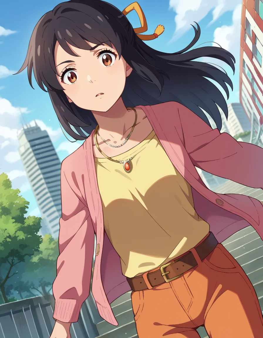 score_9, score_8_up, score_7_up, source_anime,
mitsuhamiyamizu, <lora:mitsuha-miyamizu-ponyxl-lora-nochekaiser:1>,
mitsuha miyamizu, black hair, brown eyes,
long hair, straight hair, hair ribbon, cardigan, pink cardigan, shirt, yellow shirt, belt, pants, orange pants, necklace, collarbone,
outdoors, cityscape, stairs,
looking at viewer, dutch angle, cowboy shot, dynamic pose,