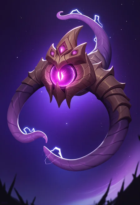 score_9, score_8_up, score_7_up, score_6_up, score_5_up, score_4_up, BREAK solo, velkozpdxl, monster, space background, no humans, electricity, looking at viewer, purple gradient, tentacle arms, dark forest, floating, tail, league of legends style, <lora:VelKoz2:0.8>