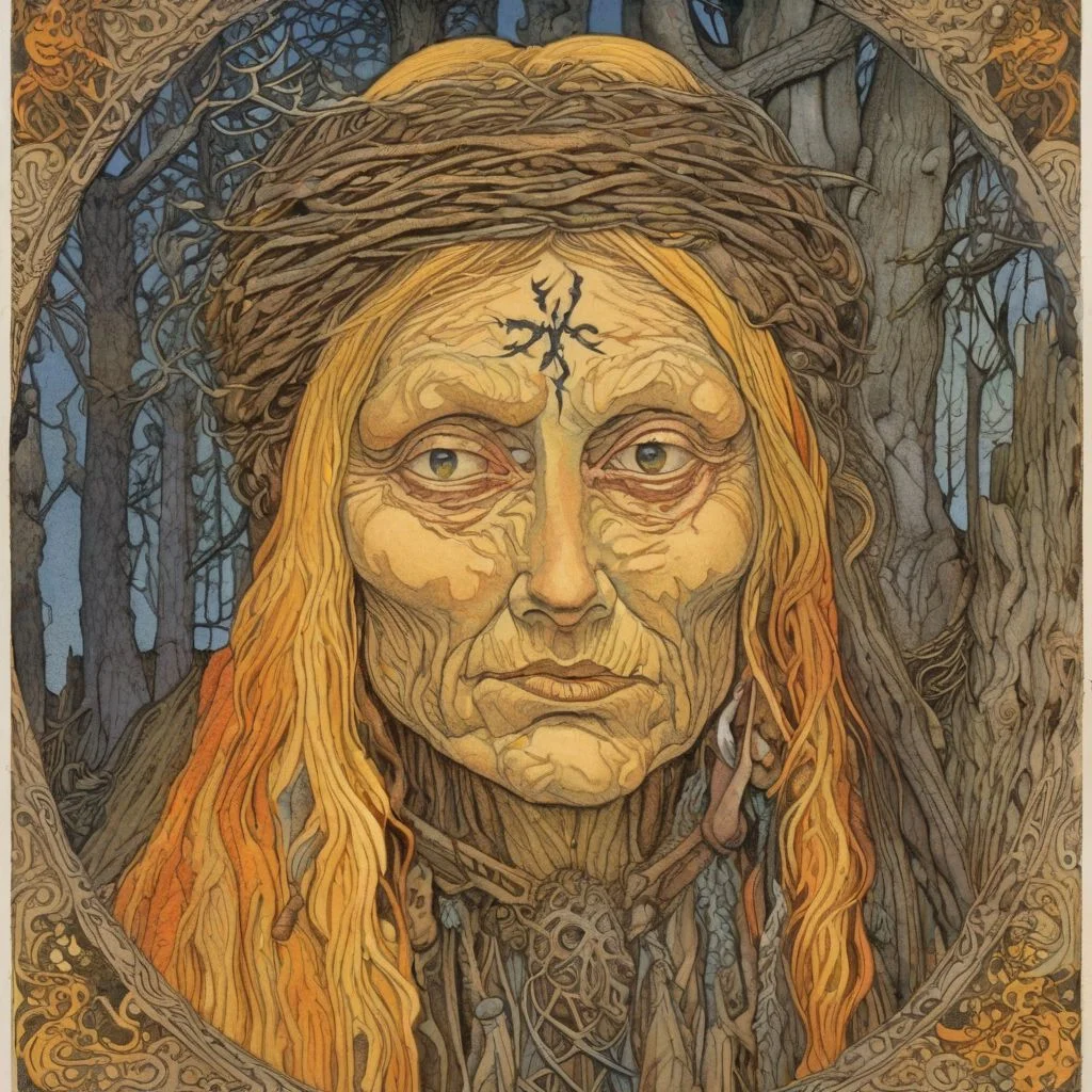 Ivan Bilibin Style - Medium Portrait detailed face - a Slavic woman witch, her face is aged and etched with spiteful wrinkles. Her eyes glow with an unnatural inner fire, and her long, matted hair hangs like a tangled web. She wears tattered clothes adorned with bone charms and crudely drawn sigils.
