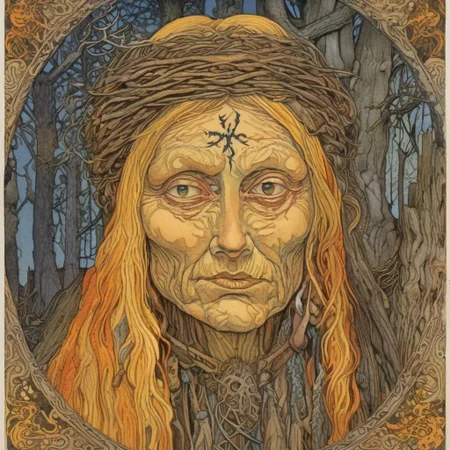 Ivan Bilibin Style - Medium Portrait detailed face - a Slavic woman witch, her face is aged and etched with spiteful wrinkles. Her eyes glow with an unnatural inner fire, and her long, matted hair hangs like a tangled web. She wears tattered clothes adorned with bone charms and crudely drawn sigils.