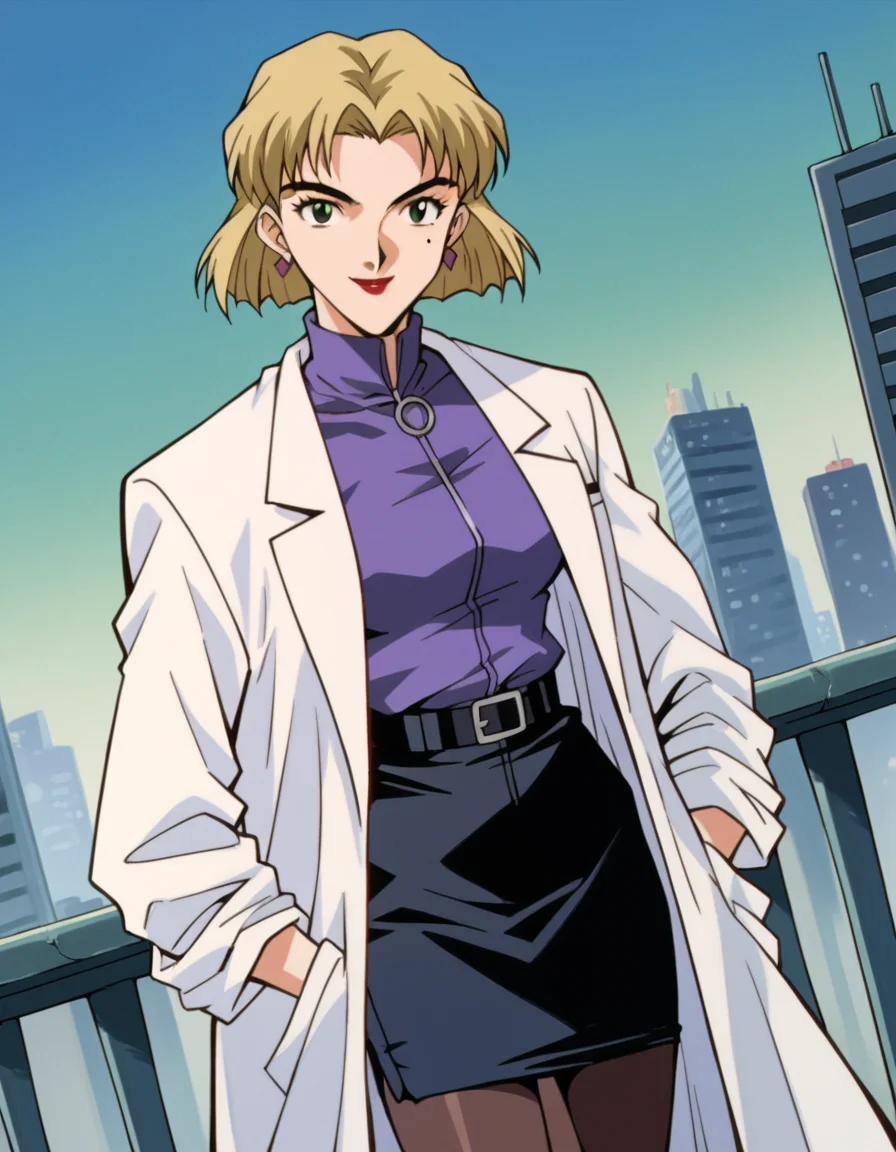 score_9, score_8_up, score_7_up, source_anime,
ritsukoakagi, <lora:ritsuko-akagi-classic-ponyxl-lora-nochekaiser:1>,
ritsuko akagi, short hair, blonde hair, mole, mole under eye, parted bangs, green eyes,
lipstick, skirt, jewelry, pantyhose, earrings, belt, pencil skirt, labcoat, shirt, purple shirt, turtleneck, zipper,
cityscape, smile,
cowboy shot, looking at viewer, solo, dutch angle,