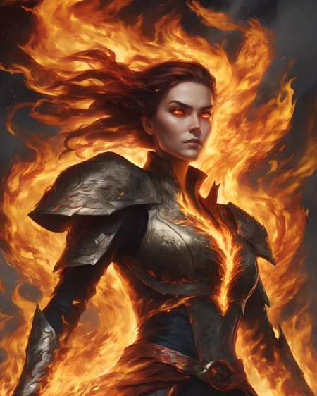 portrait, viewed from above and side, woman with fire-elemental powers, Blazing inferno , Roaring blaze , Leaping flames , Pulsating flames , Fierce blaze
