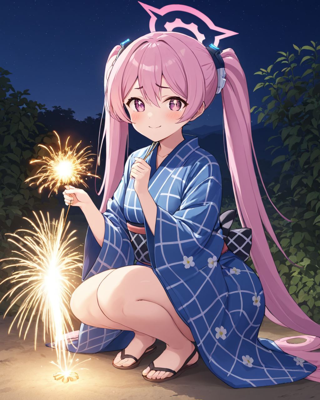 koyuki \(blue archive\),1girl, halo, official_alternate_costume, solo, sparkler, hair_flower, twintails, squatting, obi, yukata, smile, outdoors, blush, looking_at_viewer, fang, alternate_hairstyle, wide_sleeves, night, closed_mouth, checkered_kimono, purple_kimono
<lora:koyuki_(blue_archive)_image708_2023-11-28-000012:1>halo. gorgeous,key visual, vibrant, studio anime,award-winning, professional, highly detailed,high budget, cinemascope