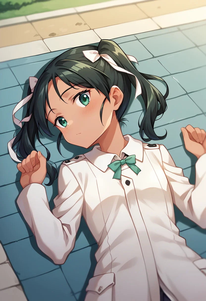 score_9, score_8_up, score_7_up, source_anime, masterpiece, 1girl, ctianfranc3sca, (tan:0.3), white uniform, white ribbon, neck ribbon, facing viewer, looking at viewer, outdoors, sunny, day, city, depth of field, ground, on ground, lying, barefoot, close-up, on stoa<lora:Francesca_Lucchini_updated_v2_ct:1>,