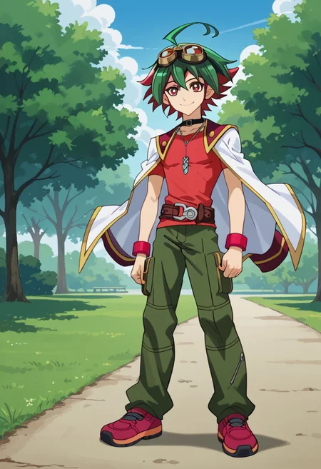 score_9, score_8_up, score_7_up, score_6_up, highly detailed,Good Colors, Glowing Skin, Good Shading, Good Eyes, Contrast Shading, Yuya, 1boy, male_focus, green hair, red hair, multicolor hair, ahoge, red eyes, googles on head, goggles, choker, pendulum necklace, red bracelets, red shirt, white jacket, jacket on shoulders, belt, green pants, red shoes, smile, on park
