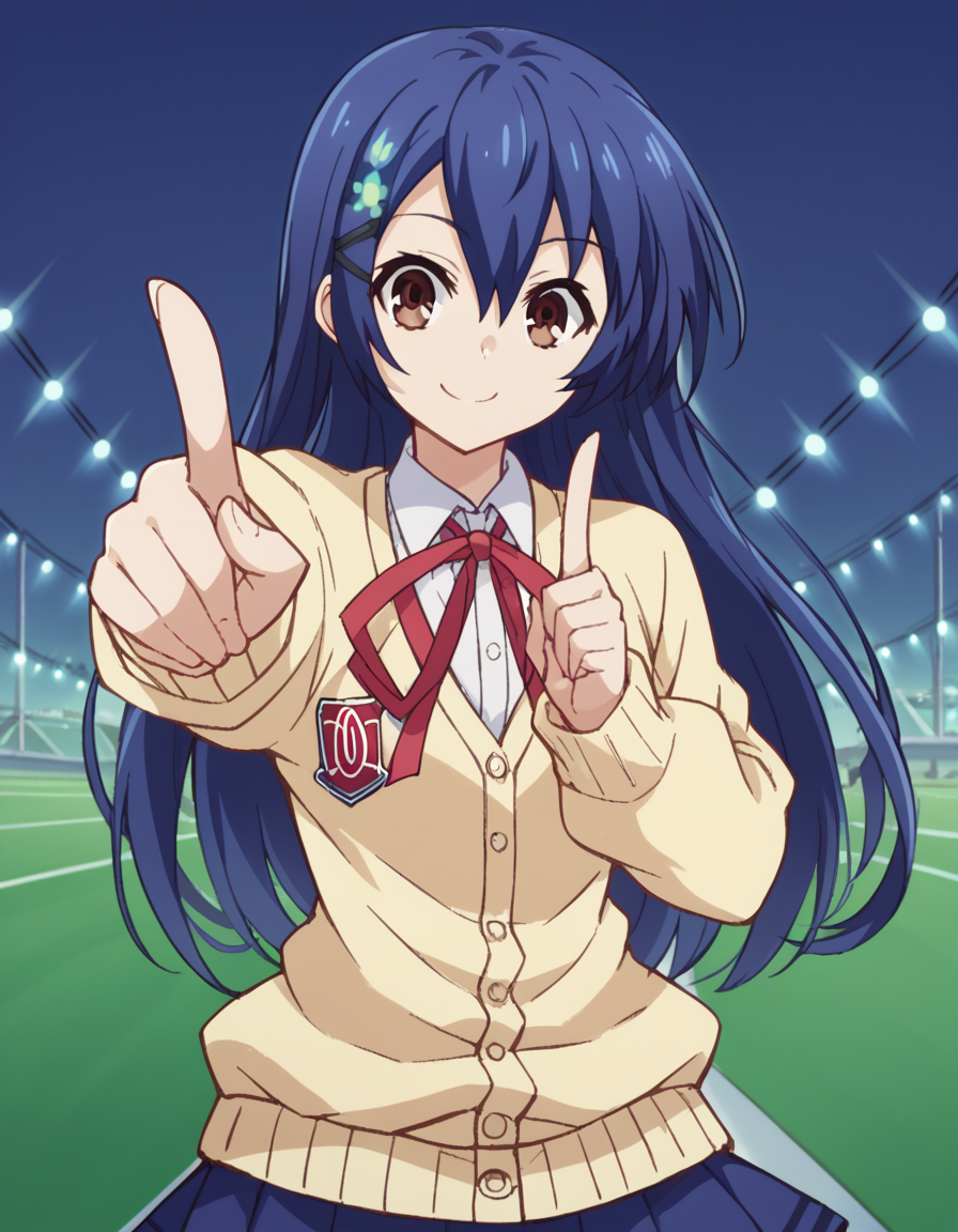 score_9, score_8_up, score_7_up, source_anime, <lora:shiori-itsuka-s2-ponyxl-lora-nochekaiser:1>, shiori itsuka, long hair, hair ornament, brown eyes, blue hair, hairclip, otoko no ko,, skirt, ribbon, school uniform, pleated skirt, cardigan, blue skirt, yellow cardigan,, runway, planes, lights, takeoff, landing, smile, <lora:koi-dance-ponyxl-lora-nochekaiser:1>, koi dance, index finger raised, dancing, outstretched arm, pointing at viewer, pointing, pointing up,, looking at viewer, solo,, dutch angle, cowboy shot