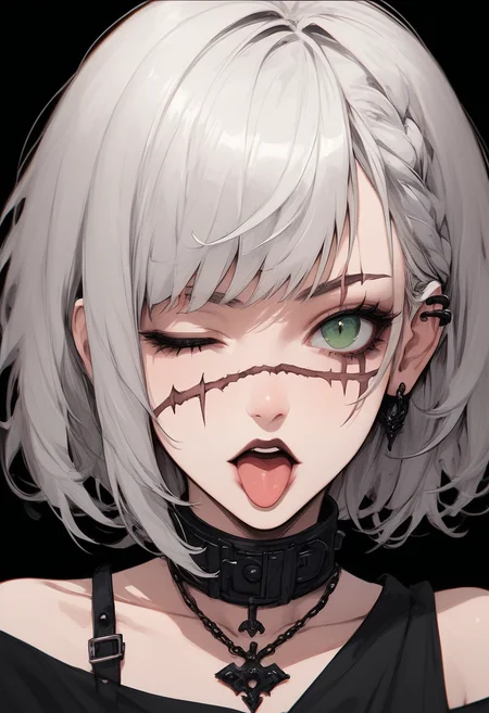 score_9, score_8_up, score_7_up, Goth girl, goth girl 1girl, 1girl,solo,looking at viewer,short hair,bangs,simple background,bare shoulders,jewelry, tongue out, one eye closed, open mouth,green eyes,braid,white hair,grey hair,medium hair,necklace,collar,scar,black background,portrait,,scar on face,scar across eye,covered collarbone,  <lora:Goth_girl_XL-v2:0.8>