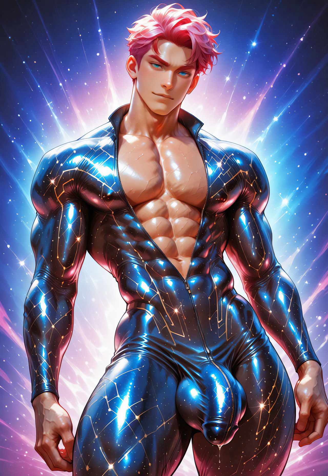 cowboy shot, full-length portrait, front view, 3/4 shot, zoomed out,

rating_explicit, best quality, highly detailed, ultra high quality, masterpiece, high res, vivid color, high saturation,

1boy, male focus, sexy, bara, solo,
red hair,

black glitter bodysuit, plunging neckline, starry_morph black glitter bodysuit, unzipped,

Dynamic pose, dancing, dynamic angle, Dutch angle, looking at viewer, seductive face,

male, 18 years old, soft face, massive pectorals, muscular body, wide shoulders, slim waist, tiny waist, large bulge, lean butt, skindentation, muscular body, tiny waist, narrow waist, micro waist, solo,

simple background, room