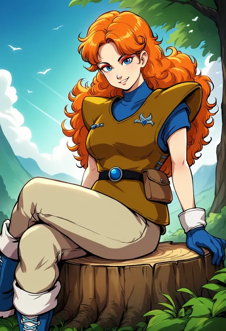 score_9, score_8_up, score_7_up, score_6_up, source_anime, <lora:DBExtraGirl02Pa:0.9>, DBExtraGirl02Pa, blue eyes, long hair, orange hair, curly hair, red eyeshadow, large breasts,
brown armor, blue undershirt, blue gloves, beige pants, blue boots, black belt, belt pouch,
sitting on tree stump, upper body, portrait, crossed legs, looking at viewer, smile, 
BREAK day, sunlight,