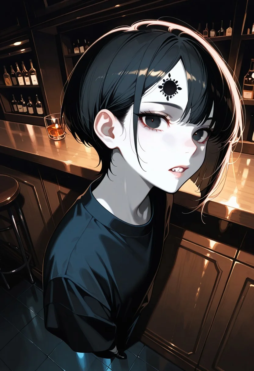 art-style, masterpiece, best quality, very aesthetic, dynamic angle, different pose, bar counter, japanese bar background , full body, (high-contrast portrait), (stylized photo:1.2), pale-skinned androgynous person, soft feminine facial structure, short asymmetrical haircut, undercut on sides, black hair with long side bangs dyed dark blue, wispy bangs on forehead, expressive sharp chin, glowing pale skin, close-up, dim ambient lighting, minimal background detail, fashion editorial look, moody atmosphere, digital photography, ultra detailed, soft shadows