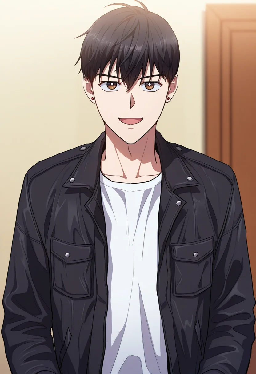 masterpiece, best quality, amazing quality,high resolution, intricate details,official style,depth of field,anime coloring,anime screencap , , , 1boy, solo, male focus, <lora:han_yoojin:0.90>,han yoojin,black hair,short hair,brown eyes,stud earring,looking at viewer, smile, open mouth, shirt,long sleeves, jacket, white shirt, upper body, open jacket,black jacket