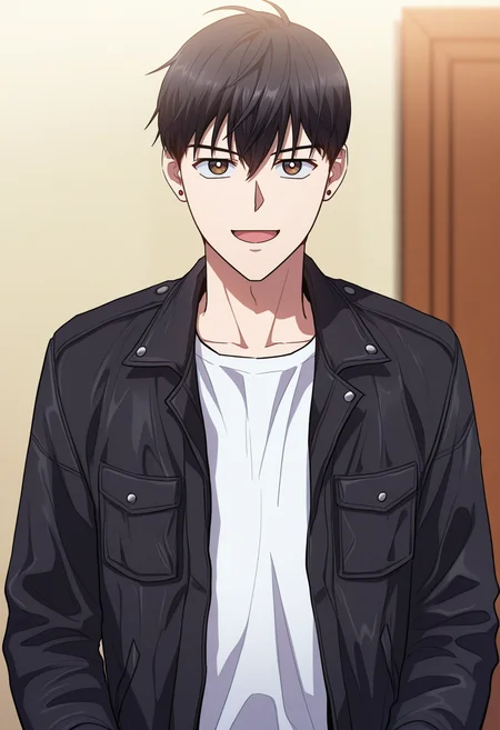 masterpiece, best quality, amazing quality,high resolution, intricate details,official style,depth of field,anime coloring,anime screencap , , , 1boy, solo, male focus, <lora:han_yoojin:0.90>,han yoojin,black hair,short hair,brown eyes,stud earring,looking at viewer, smile, open mouth, shirt,long sleeves, jacket, white shirt, upper body, open jacket,black jacket