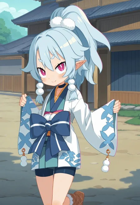 score_9, score_8_up, score_7_up, score_6_up, score_5_up, score_4_up , anime coloring ,BREAK source_anime, anime,screencap,
1girl, solo, d7ao, ponytail, waist bow, choker, kimono, sleeves past wrists, sash, brown footwear, bike shorts, <lora:PonyXL Disgaea7 Ao V1:1>
indoors,detailed background,
smile, looking at viewer,