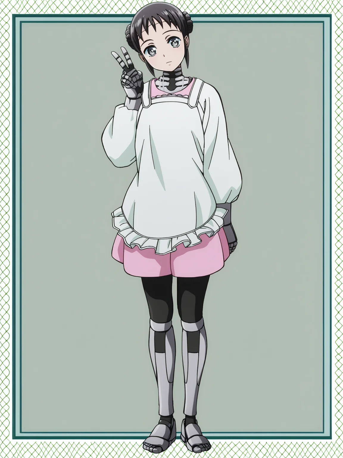 score_9, source_anime, masterpiece, best quality, (white background:1.3), <lora:Mina_PDXLv0.1:0.8> 1girl, mina-taller, double braided bun, short hair, dress, white apron, looking at viewer, head tilt, full body, v:1.2, solo,, detailed, beautiful