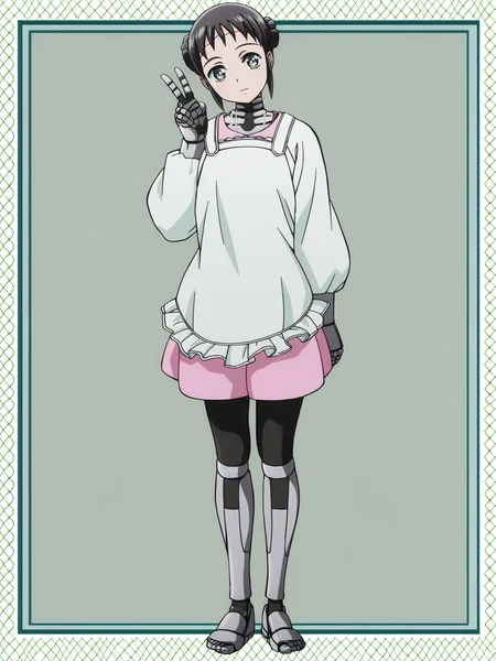score_9, source_anime, masterpiece, best quality, (white background:1.3), <lora:Mina_PDXLv0.1:0.8> 1girl, mina-taller, double braided bun, short hair, dress, white apron, looking at viewer, head tilt, full body, v:1.2, solo,, detailed, beautiful