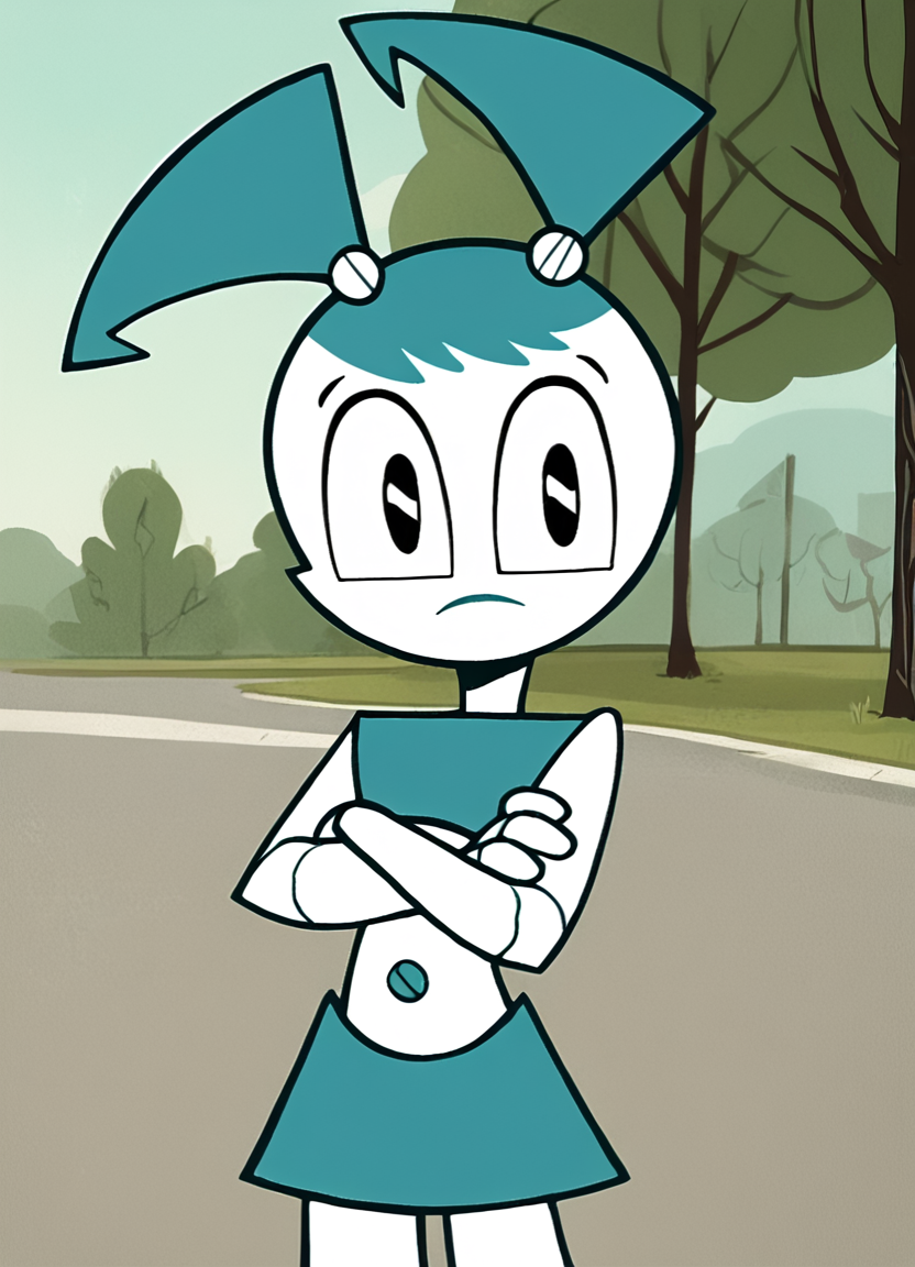 <lora:Jenny_XJ-9_Pony1.0:1.0> jenny, twintails, 1girl, solo, robot, no humans, blue hair, blue tube top, blue skirt, robot joints, navel, white skin, looking at viewer, cowboy shot, outdoors, tree, score_9, score_8_up, score_7_up, score_6_up, score_5_up, score_4_up ,crossed arms,