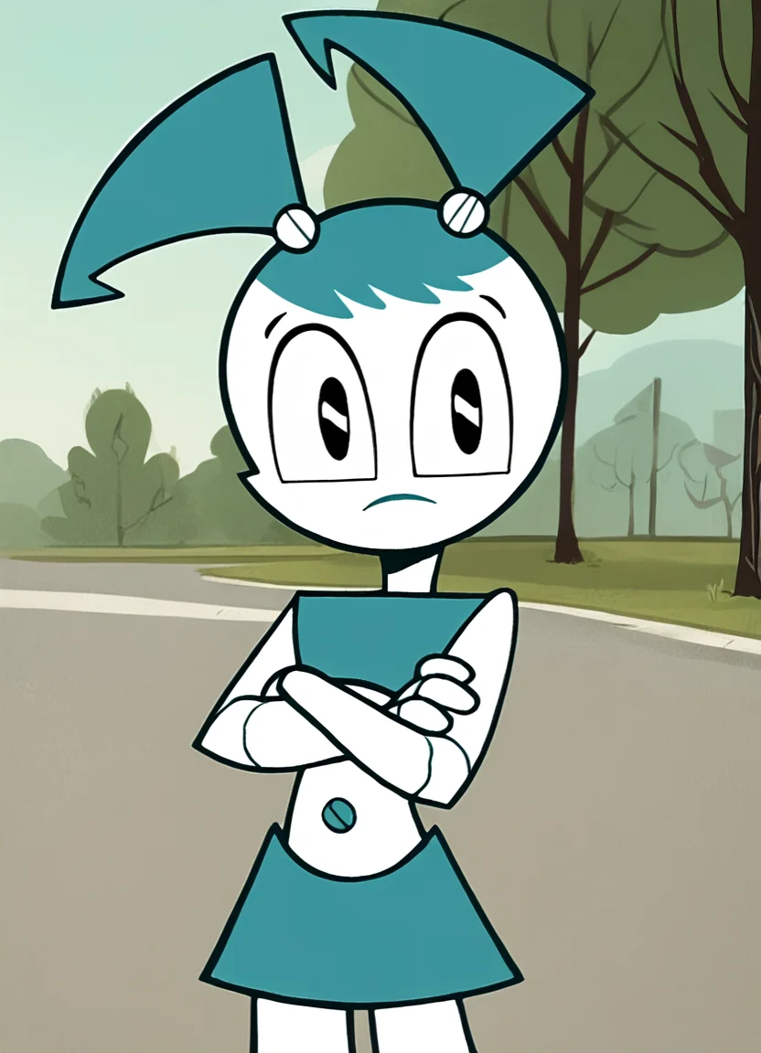 <lora:Jenny_XJ-9_Pony1.0:1.0> jenny, twintails, 1girl, solo, robot, no humans, blue hair, blue tube top, blue skirt, robot joints, navel, white skin, looking at viewer, cowboy shot, outdoors, tree, score_9, score_8_up, score_7_up, score_6_up, score_5_up, score_4_up ,crossed arms,