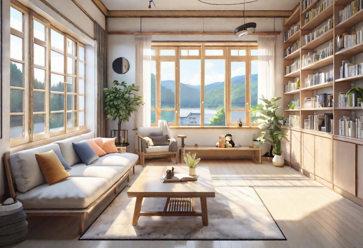 anime-style, modern-style interior, with white walls and large windows, Nordic-style furniture, a  study, Sofa, coffee table, bookcase, single wall, 
warm light morning sun, the view of the city