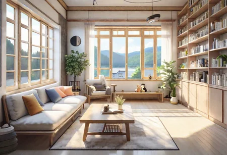 anime-style, modern-style interior, with white walls and large windows, Nordic-style furniture, a  study, Sofa, coffee table, bookcase, single wall, 
warm light morning sun, the view of the city