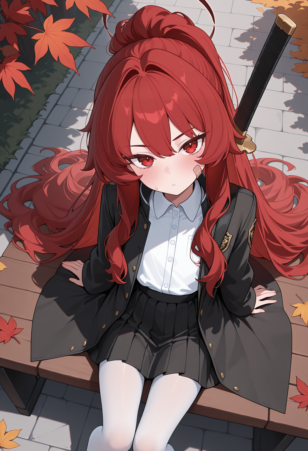 highres, best quality, masterpiece, autumn leaves, outdoors, 
1girl, solo, kvkoito, red hair very long hair, ponytail, bandaid on face, halo, red eyes,
school uniform, black jacket, black coat, open jacket, white shirt, collared shirt, black skirt, pleated skirt, white pantyhose,
looking at viewer, blush, head tilt,
sword on back, from above, 
<lora:_koito_kv-elesico-ilxl:1>