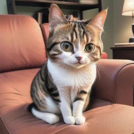 (masterpiece),(best quality),(ultra-detailed), (full body:1.2), cat,buding,chibi,cute, smile,  cat wear white shirt(sitting on red sofa), crying,A sleek black coffee table sits in front of the sofa and a few decorative items are placed on the shelves, (beautiful detailed cat face), (beautiful detailed cat eyes),   <lora:blindbox_V1Mix:0.6> <lora:buding:0.5>