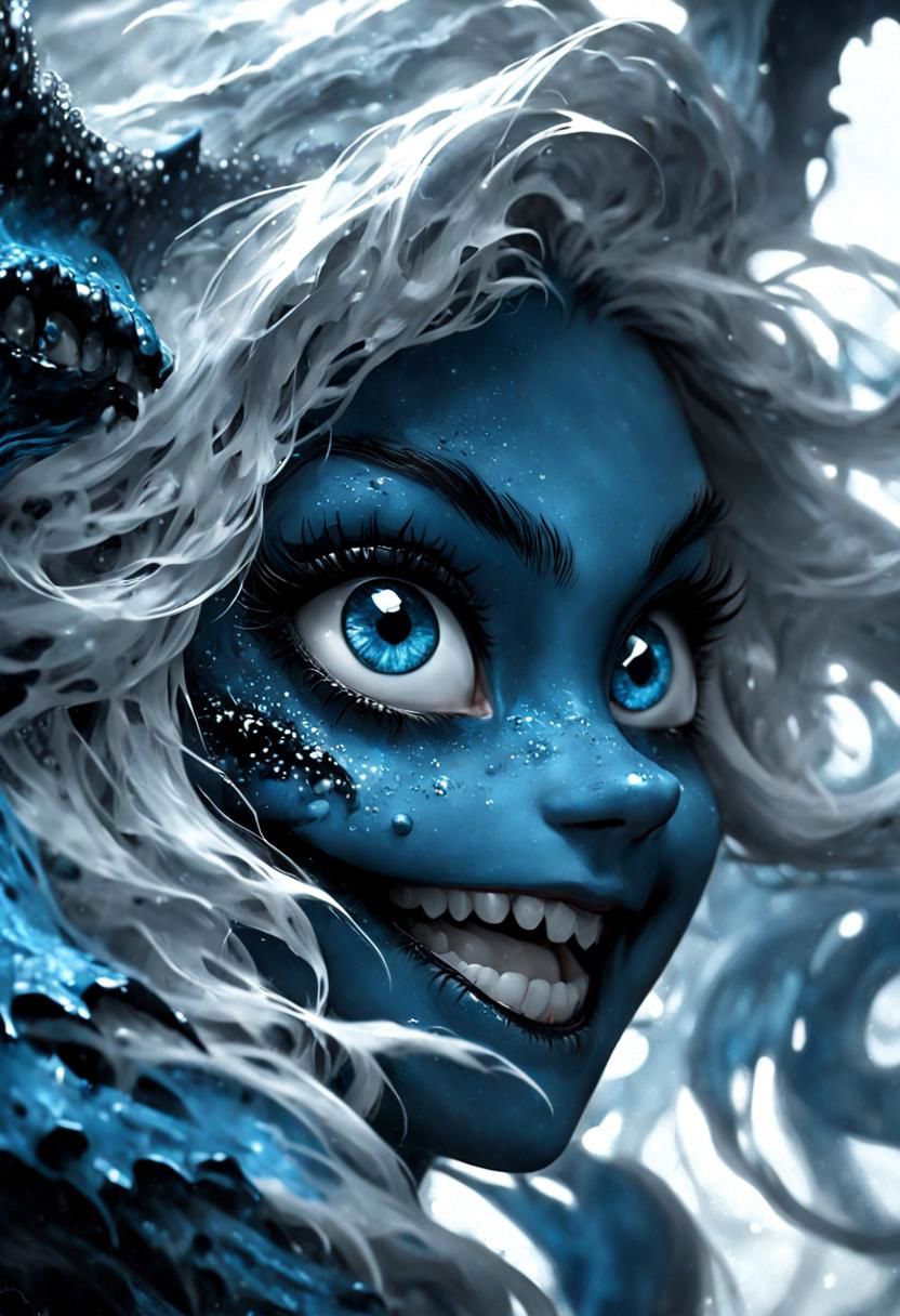 Super Close Up, grin, Monochrome, blue slime Highlights, 300 Style, sexy seducing fighting Girl, wooly lingerie, Fights black giant devouring fluffy abyss, large eyes, Hd, very Detailed, seducing offering Herself, Look to viewer, awesome Quality, luminescent, translucent, Ethereal, vibrant,