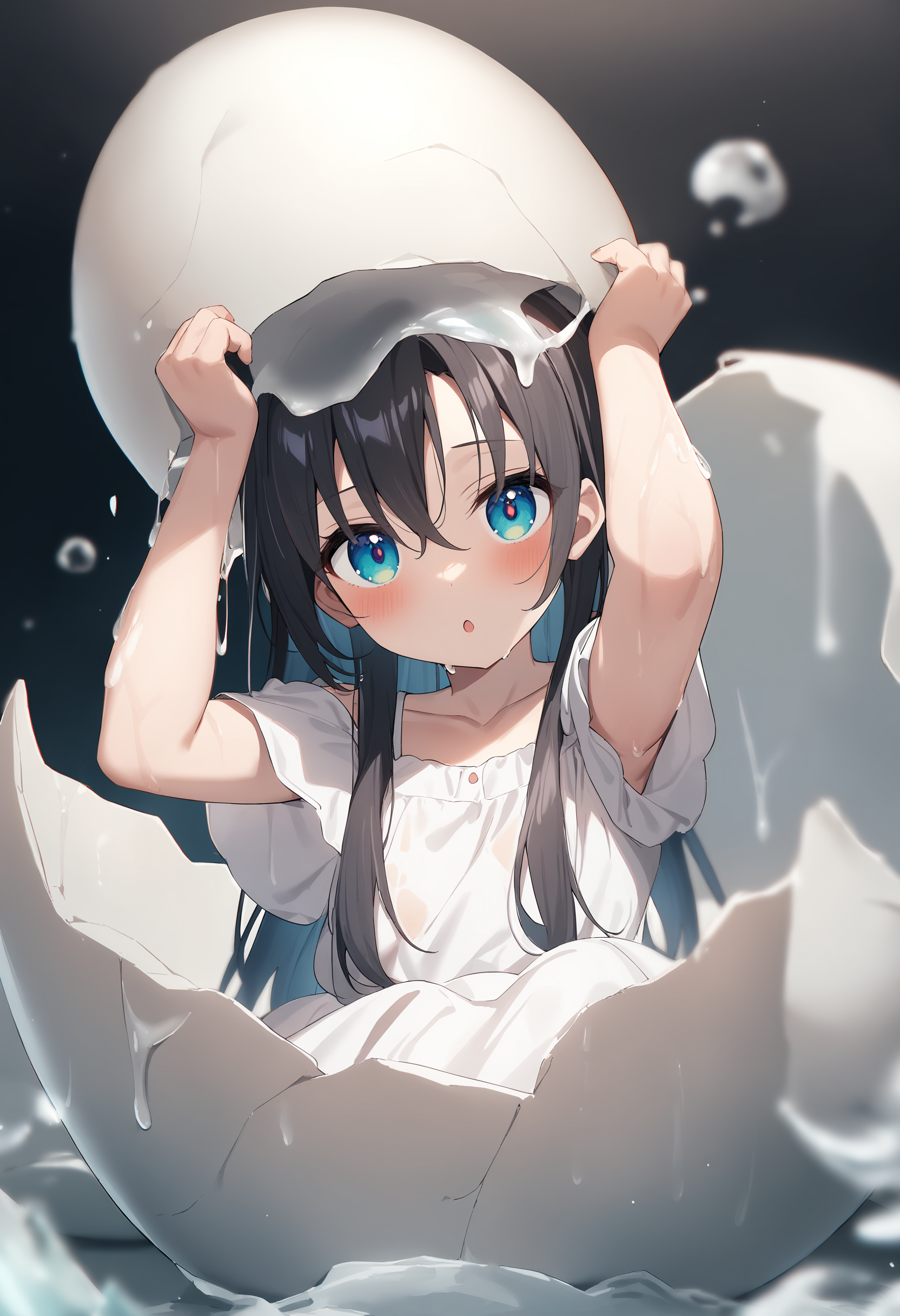 1girl,sincos, ningen mame, toosaka asagi,
hatching, eggshell, looking at viewer, open mouth, arms up, crack, slime (substance), suggestive fluid, hands up, white dress, ,wet,wet clothes, wet hair, <lora:hatching_XL_v1:0.8>
best quality, very aesthetic, absurdres,