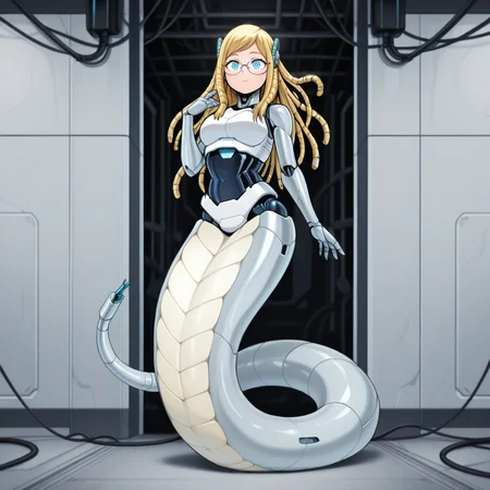 IllusP0s,<lora:Real_Grade_Androids:1.1>,r34lgrade,robot,science fiction,robot joints,android,(metal skin:1.2),humanoid robot,joints,machine,(cyber face:1),solo,lamia,(cable hair:1.7),<lora:Melissa Illu:1>,mel1ssa,blonde hair,blue eyes,glasses,long hair,full body BREAK
detailed background,