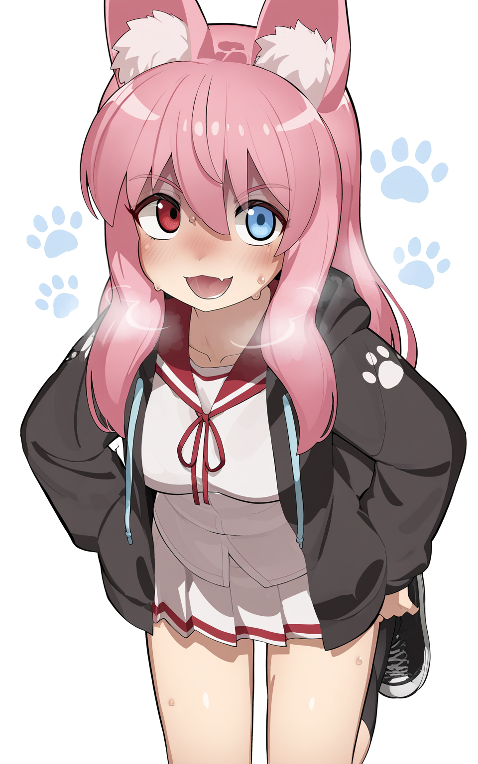 masterpiece, best quality, absurdres, highres, very awa,
<lora:Mizumizuni v1 - NoobAI 1.0 V-Pred:1>
mizumizuni
,hoodie,solo,medium breasts,hair between eyes,looking at viewer,pleated skirt,pink hair,animal ear fluff,long hair,black hoodie,hood,heterochromia,adjusting footwear,paw print,white shirt,blue eyes,highres,cowboy shot,white background,bad twitter id,red sailor collar,shirt,breasts,sailor collar,open clothes,drawstring,1girl,white skirt,blush,sidelocks,dot nose,school uniform,open mouth,collarbone,long sleeves,simple background,open hoodie,red eyes,animal ears,miniskirt,skirt,bad id